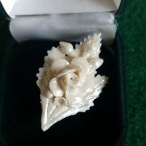 Vintage BELLEEK IRELAND White Parian China BROOCH Rose on Leaf by MELVIN CRAFT